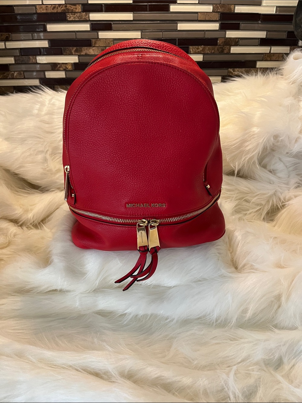 Michael Kors Red Pebbled Leather Backpack with Gold Hardware